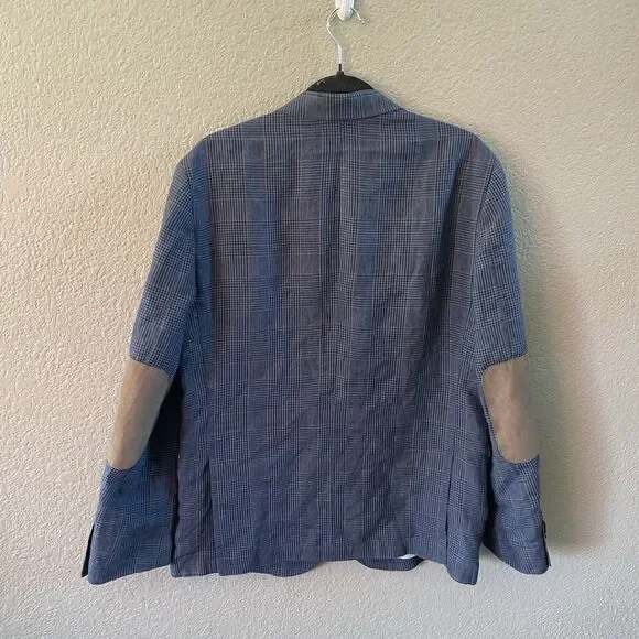 Joseph Abboud Sport Coat Mens Medium Blue 100% Linen Plaid Elbow Patches Jacket